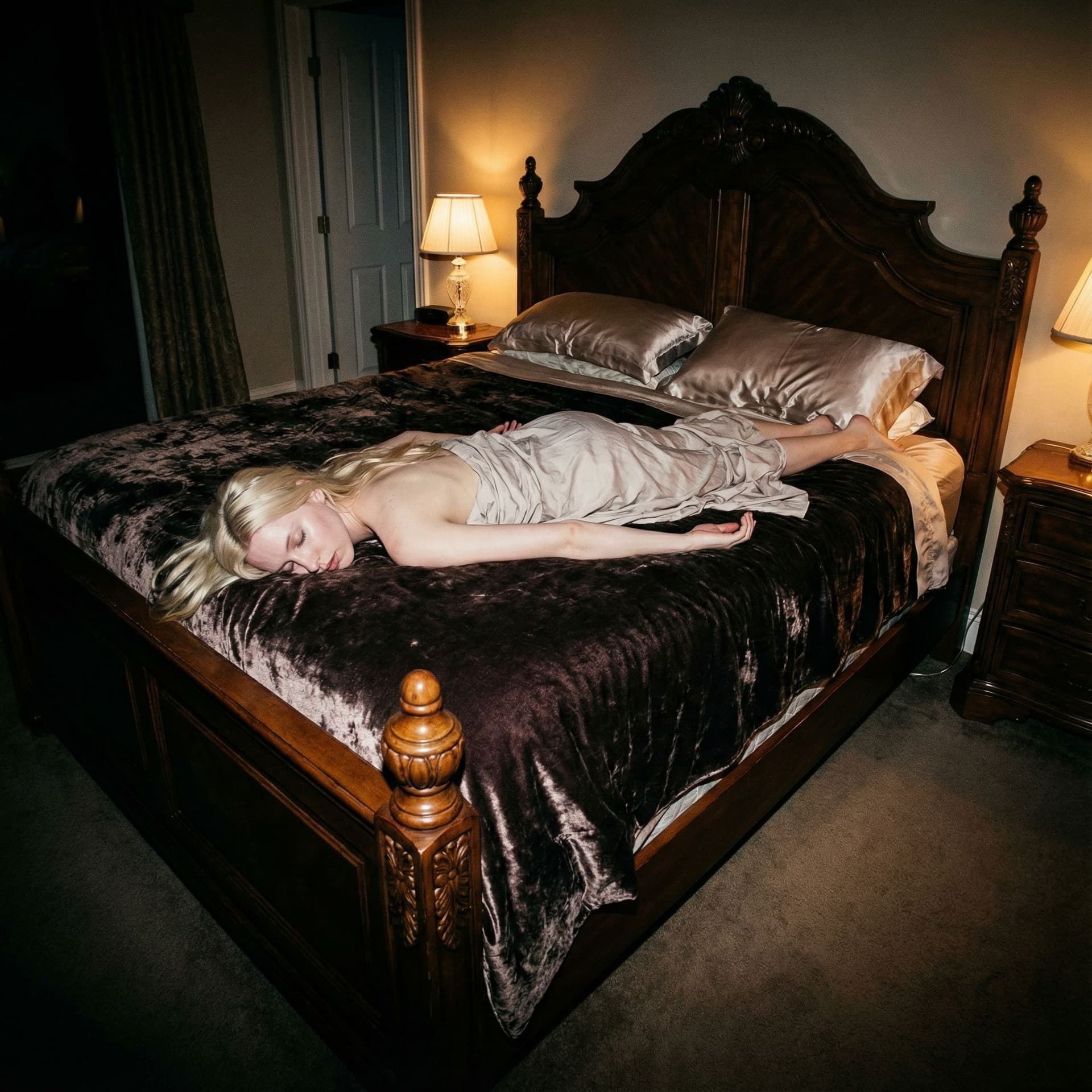 AI generated: full body view, wide angle, NSFW, Skinny woman 45 year old, long blonde hair, (small breasts), sleep...