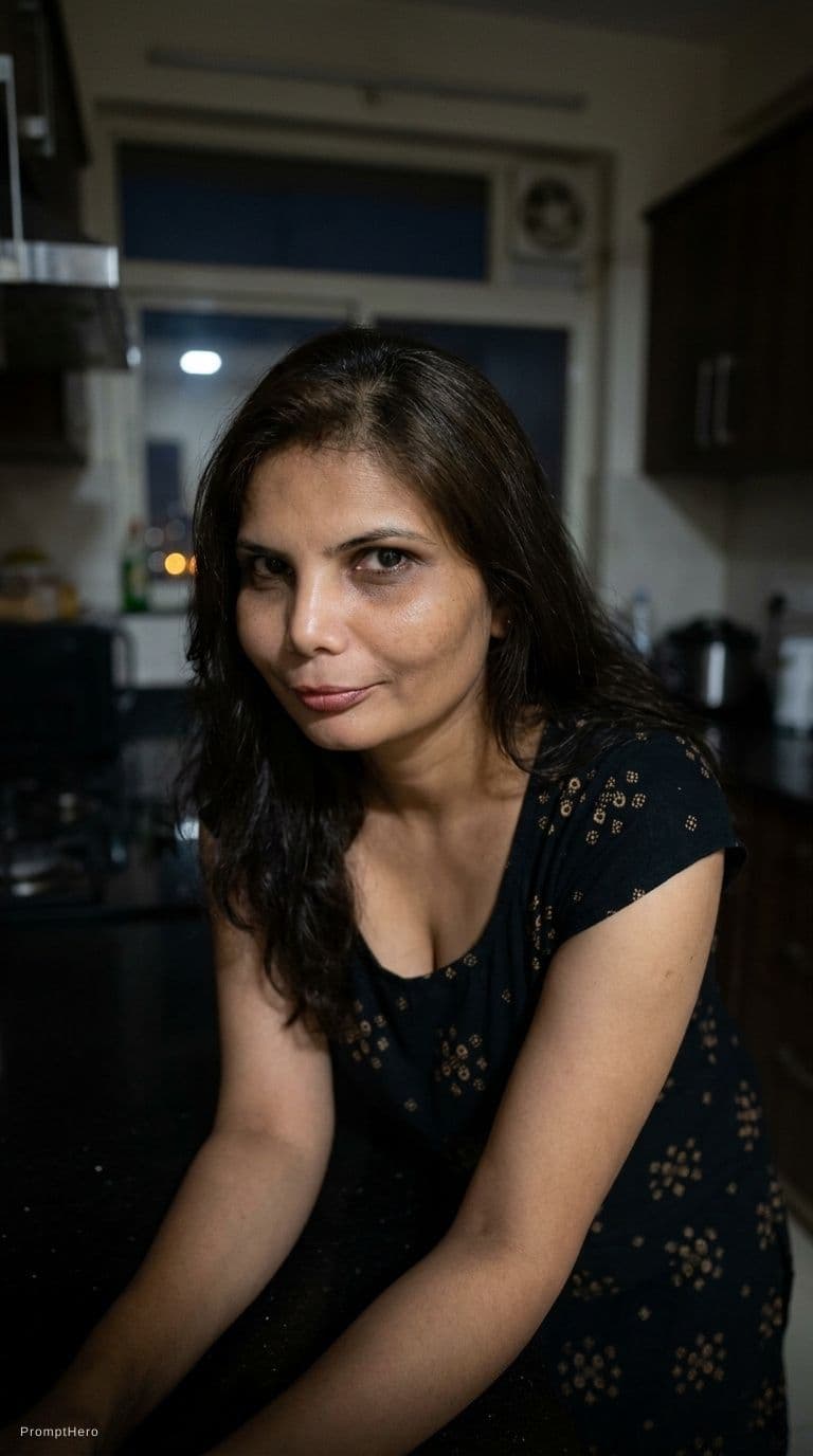 AI generated: looking at me. Leans over on a kitchen desk at night(no lights), wearing same (cleavage) dress, teas...