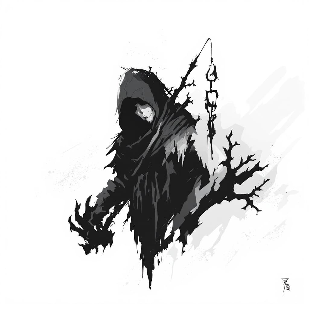 AI generated: darkest dungeon caretaker, hooded figure, concept art, no weapons, human face
