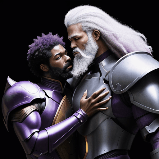 AI generated: An anime action scene of a floating black man with red eyes in his 30s, dressed in purple and gold a...