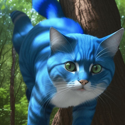 AI generated: Un gato mediano de color azul, de fondo un bosque, los árboles son gigantes y sus frutos son peces.