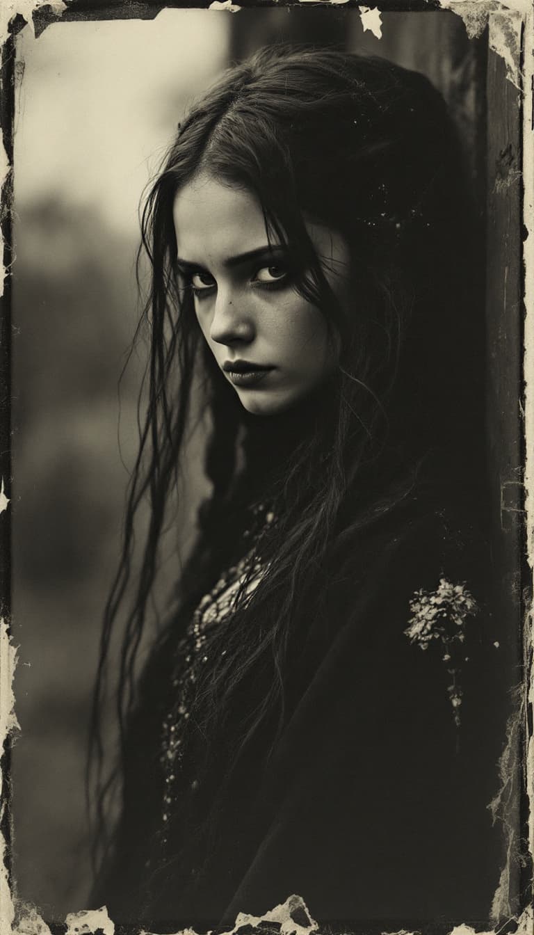 AI generated: girl, old polaroid photo, medieval, sad mood, b&w
