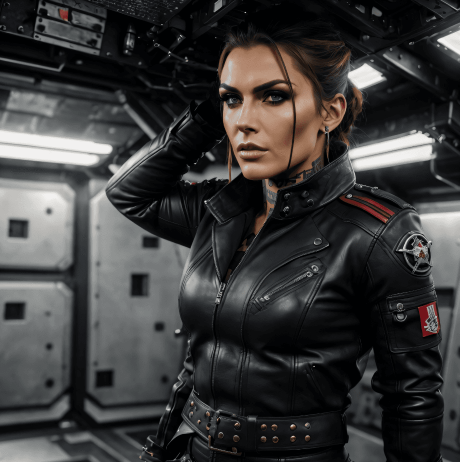 AI generated: Space pirate leader, female, 30 years old, character, standing in the black cabin of a spaceship, sc...