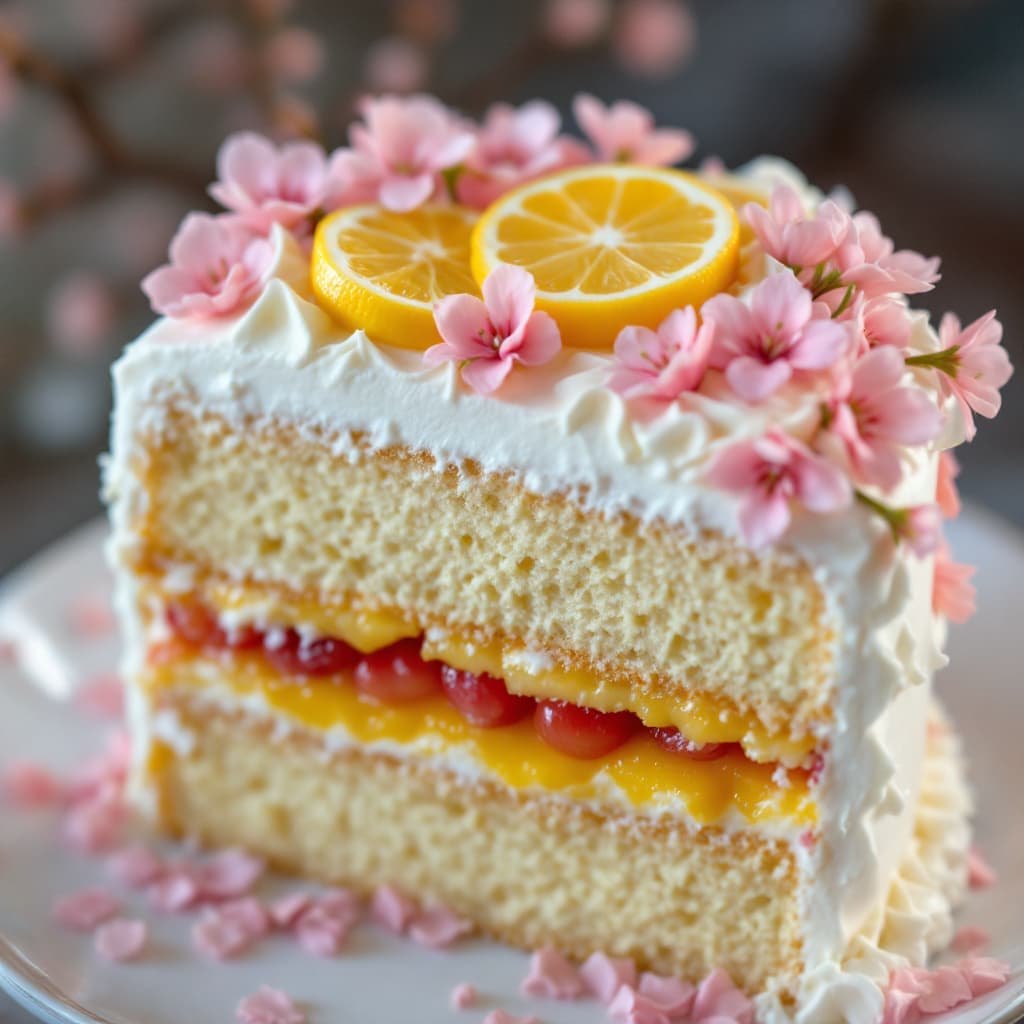 AI generated: Close up photograph of a slice of layered cake with a cherry blossom theme, a layer of fruit filling...