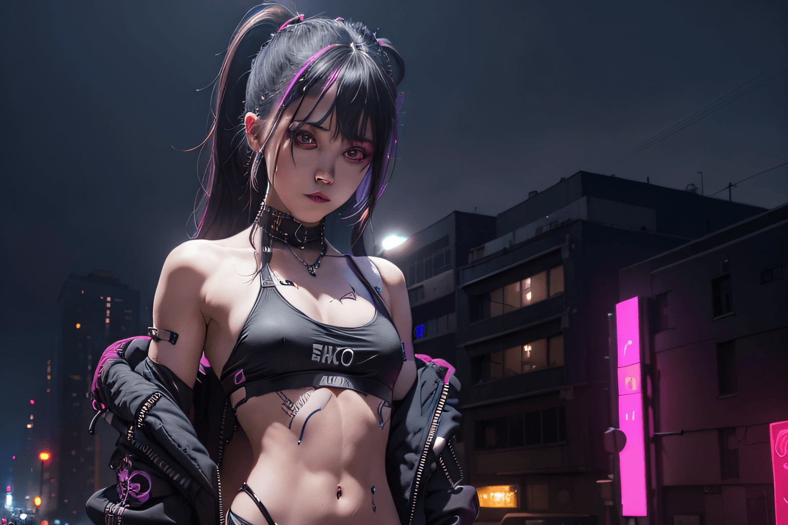 AI generated: Portrait young Female (skinny, flat chest, small breasts, stomach cutout, abs), portrait, Cyberpunk ...