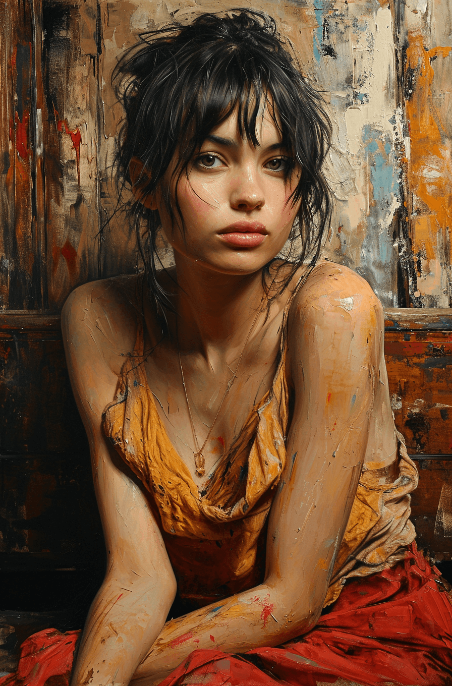 AI generated: canvas painting with girl, in the style of duffy sheridan, reefwave, wood, mid-century, eric canete,...