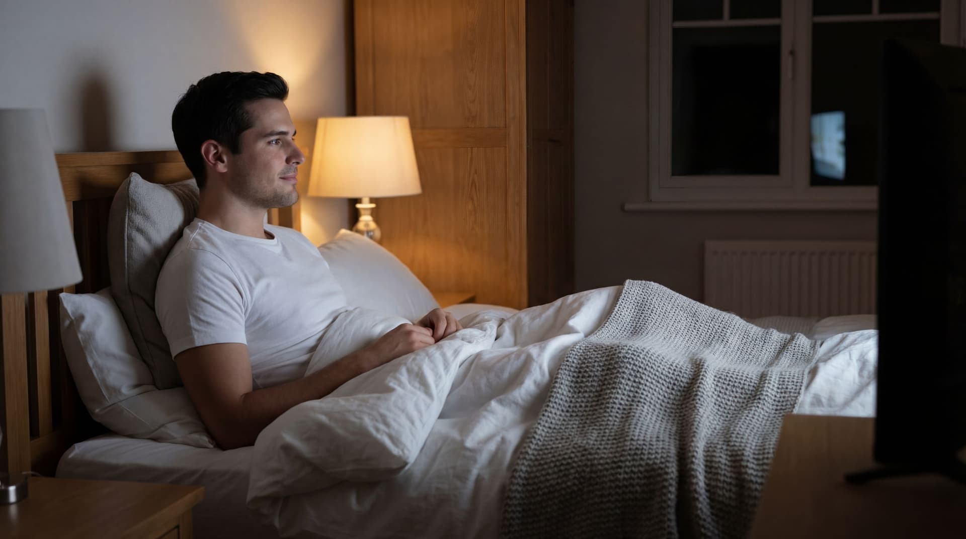 AI generated: At a nice bedroom at night, the Hispanic guy has a mellow expression on his face. He in sit up in be...