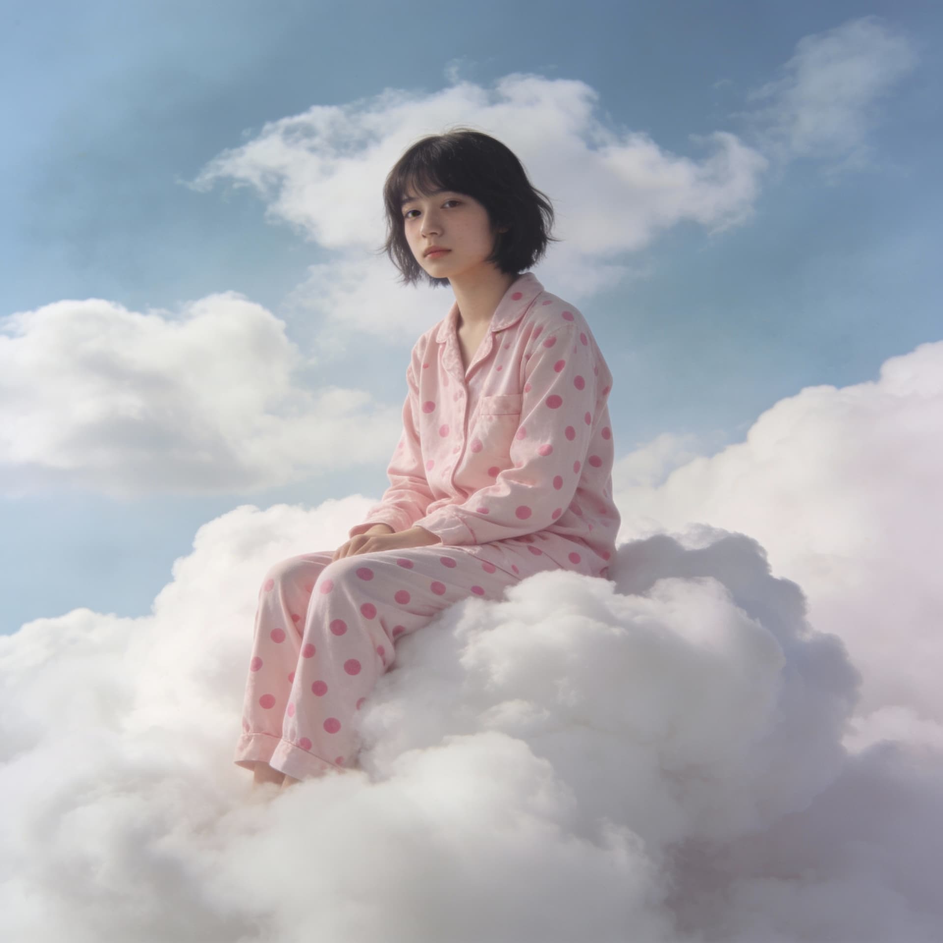 AI generated: A photo of Rei sitting on top of white fluffy clouds wearing pink pajamas with pink polka dots the b...