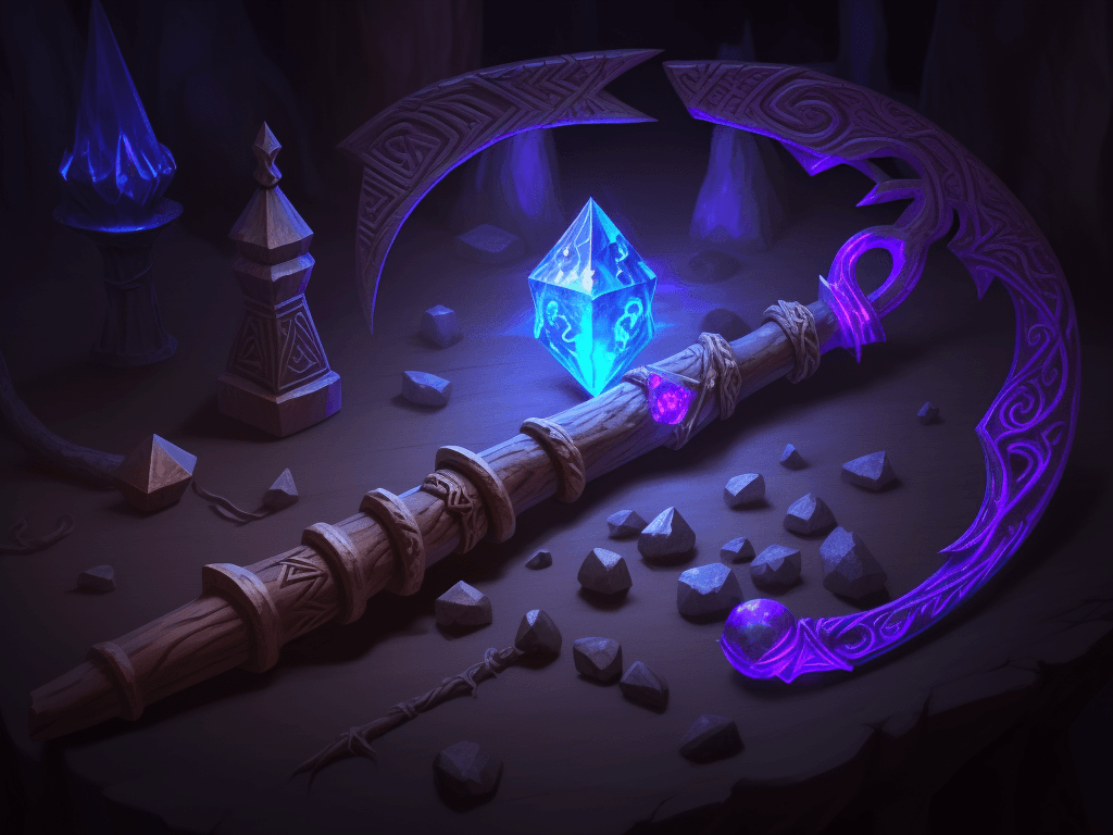 AI generated: a lone wizard magic staff, A wooden staff with runes and carvings crawling across its handle::2. 5 A...