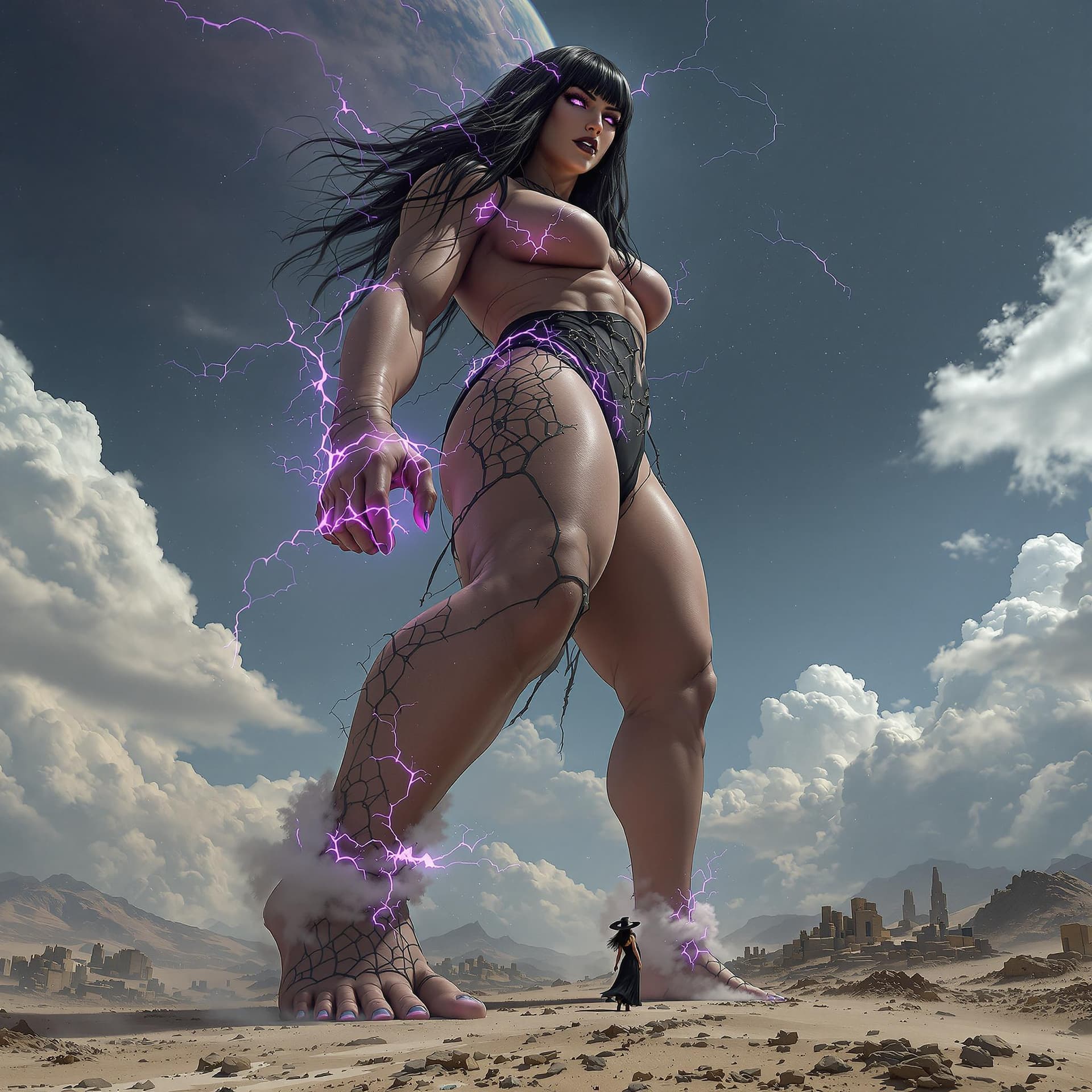 AI generated: enormous giantess female Rhea Ripley from WWE with black medium length hair and straight bangs, bigg...