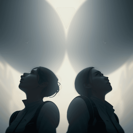 AI generated: two people standing back to back, look up. airy, cinematic, octane render, 8k