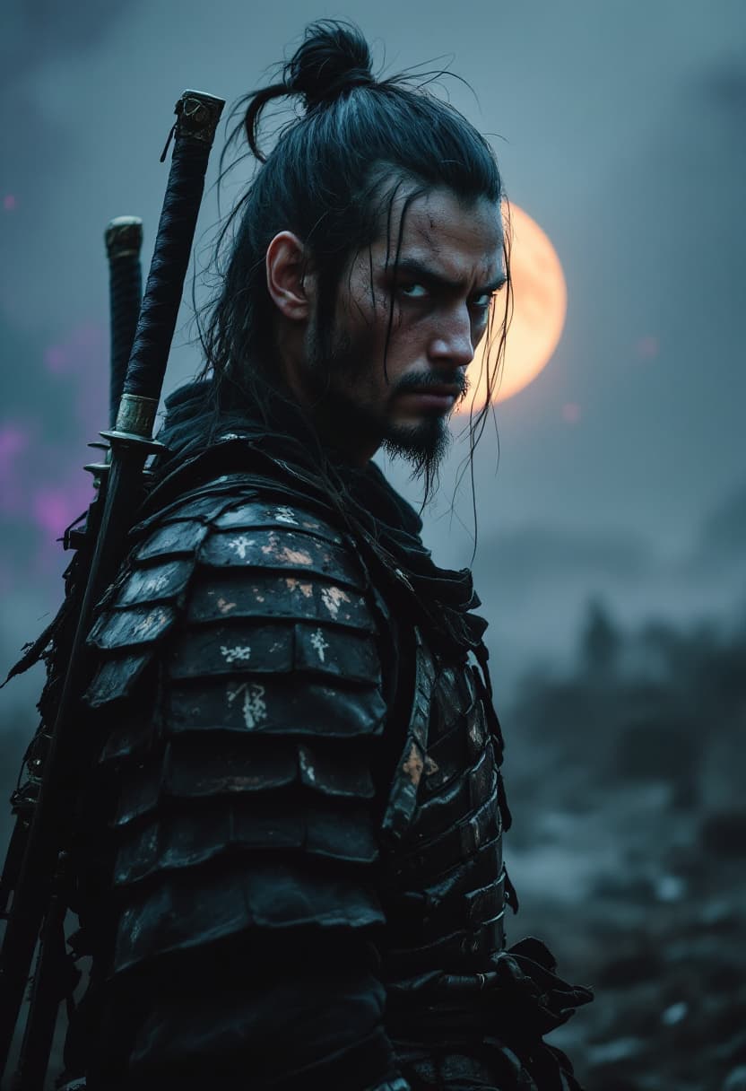 AI generated: a humble weathered samurai standing in the aftermath of battle, facing slightly sideways with full f...