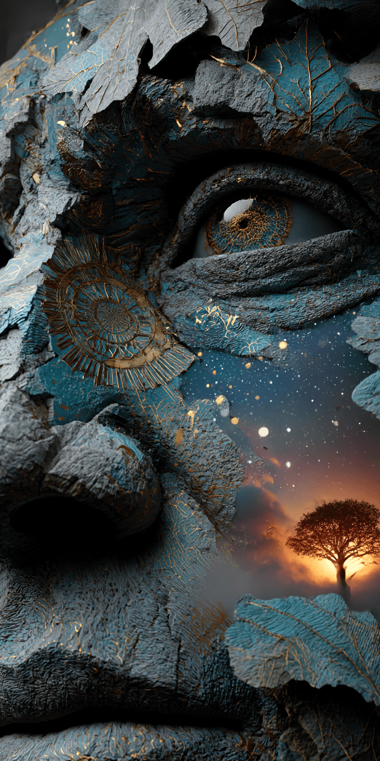 AI generated: Large stone-like face, textured with deep cracks and crevices, decorated with stylized teal and gold...