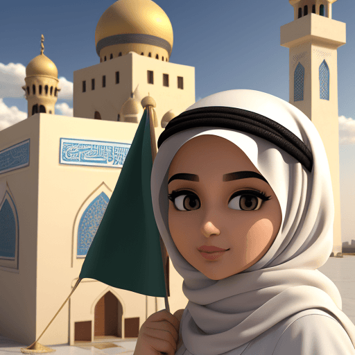 AI generated: a close up of a cartoon figure holding a flag in front of a mosque, arab ameera al taweel, arab amee...