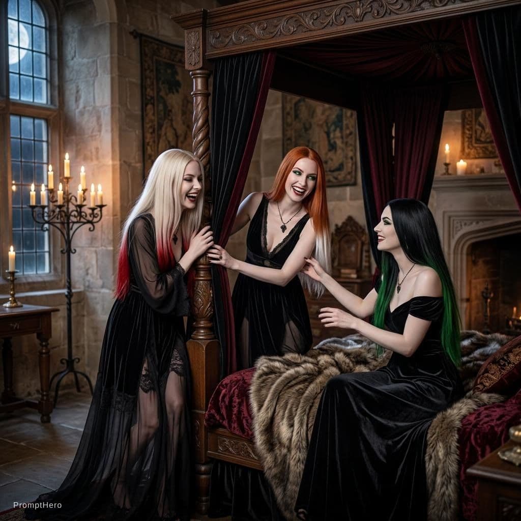 AI generated: Intensely sensual and joyful dark vampire scene in a luxurious medieval bedroom at night, three gorg...