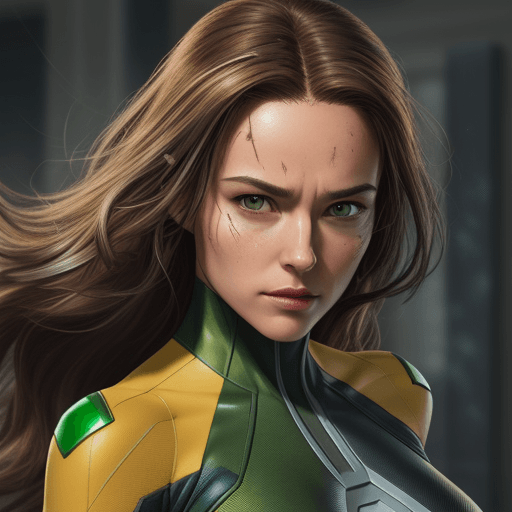 AI generated: Rogue (X-Men), white streaks of hair at forehead on brown hair, photo realistic, high detail, green ...
