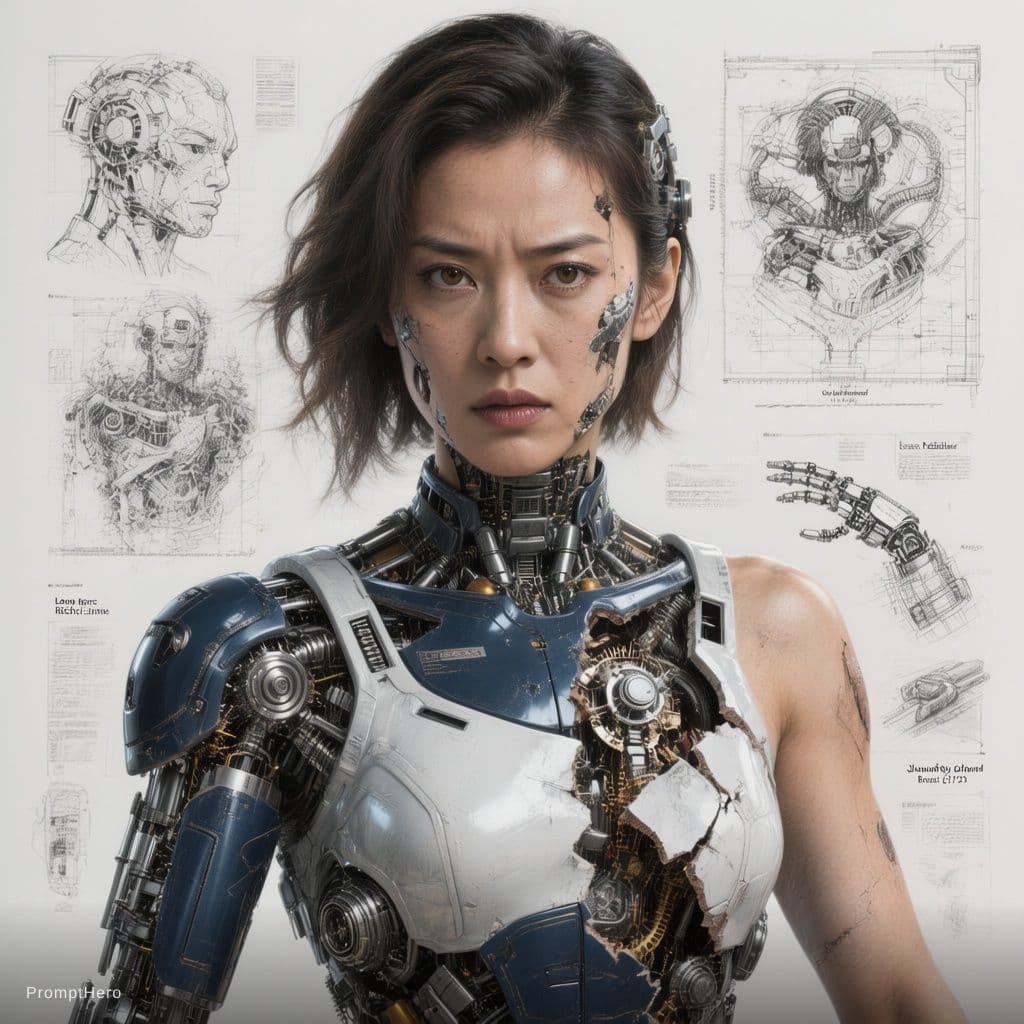 AI generated: Ultra-detailed cinematic portrait of a Hong Kong female cyborg , navy and white metallic limbs parti...