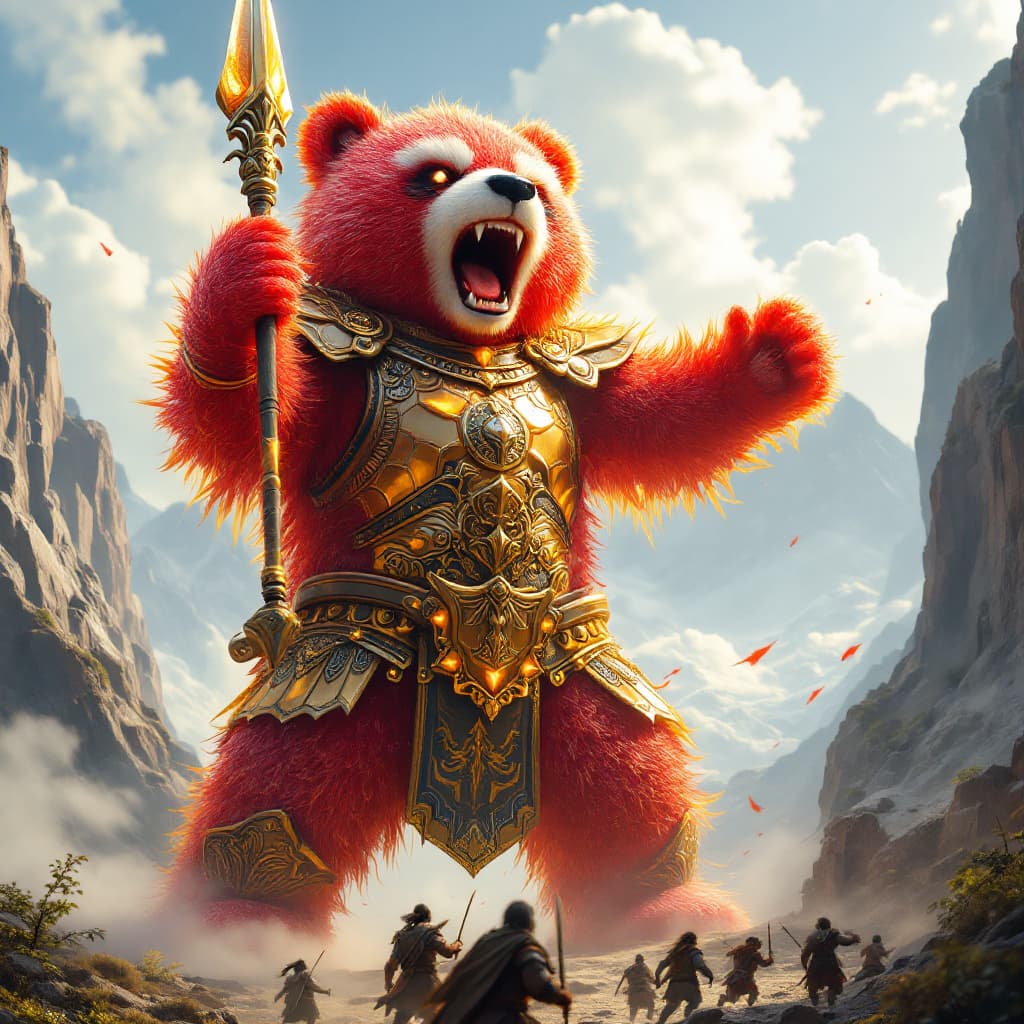 AI generated: A 30-foot-tall hyper-realistic red gummy bear panda, clad in glowing Norse-style golden armor, stand...