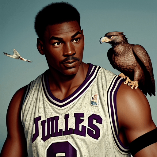 AI generated: Micheal Jordan with a warhawk on his shoulder repping a jersey that says "PJ's Vintage" 