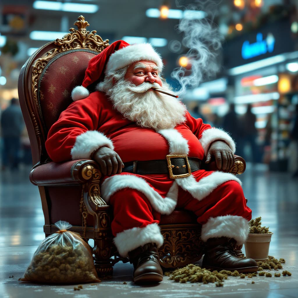 AI generated: A fat Santa clause smoking a joint with a bag of weed at his feet as he sits in his Santa chair in t...