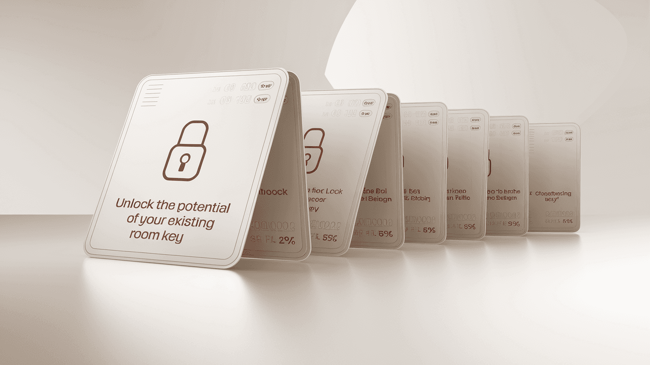 AI generated: **"A set of ultra-thin, sleek RFID hotel room key cards, arranged in a clean, structured fan-like la...
