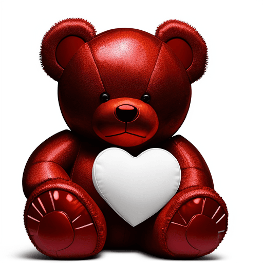 AI generated: Red shiny teddy bear holding a white heart