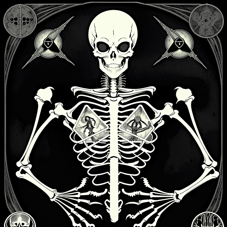 AI generated: A shirt graphic of a skeletal alien, alien technology, science fiction, heavy texture, tarot card de...