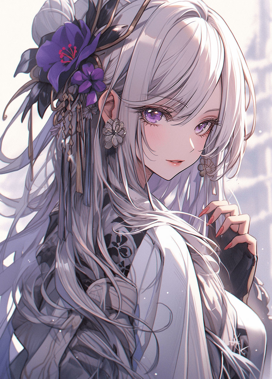 AI generated: a girl with white hair in a purple kimono and a flower, in the style of dark white and light gray, q...