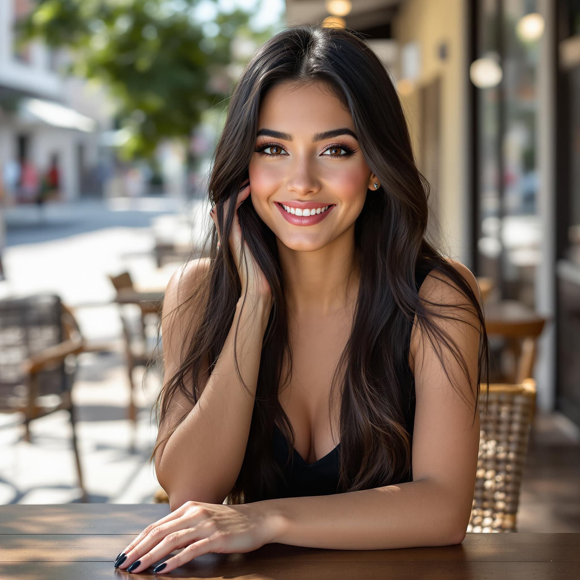 AI generated: realistic photo of a beautiful latina woman, 22 years old, long straight black hair, soft natural ma...