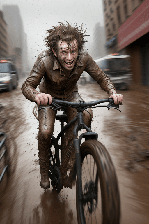 AI generated: photo of (funny man with tousled hair:1.2) crazy, rusty, muddy Bicycle with off-road tires speeding ...