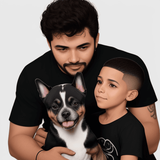 AI generated: un perro de color negro con su amo e hijo del amo