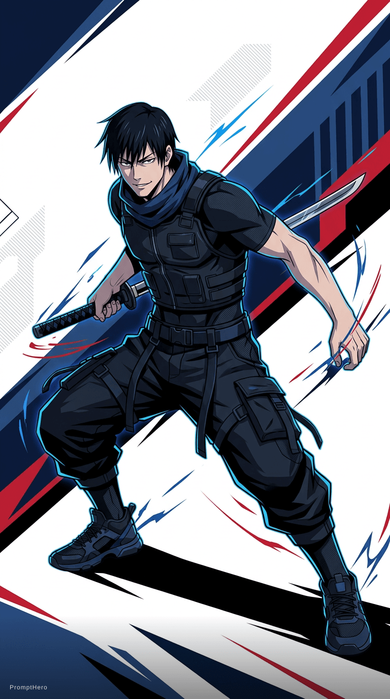 AI generated: {
"prompt": "Create a stylized illustration of {Toji} from {Jujutsu Kaisen anime }.",

"character_an...