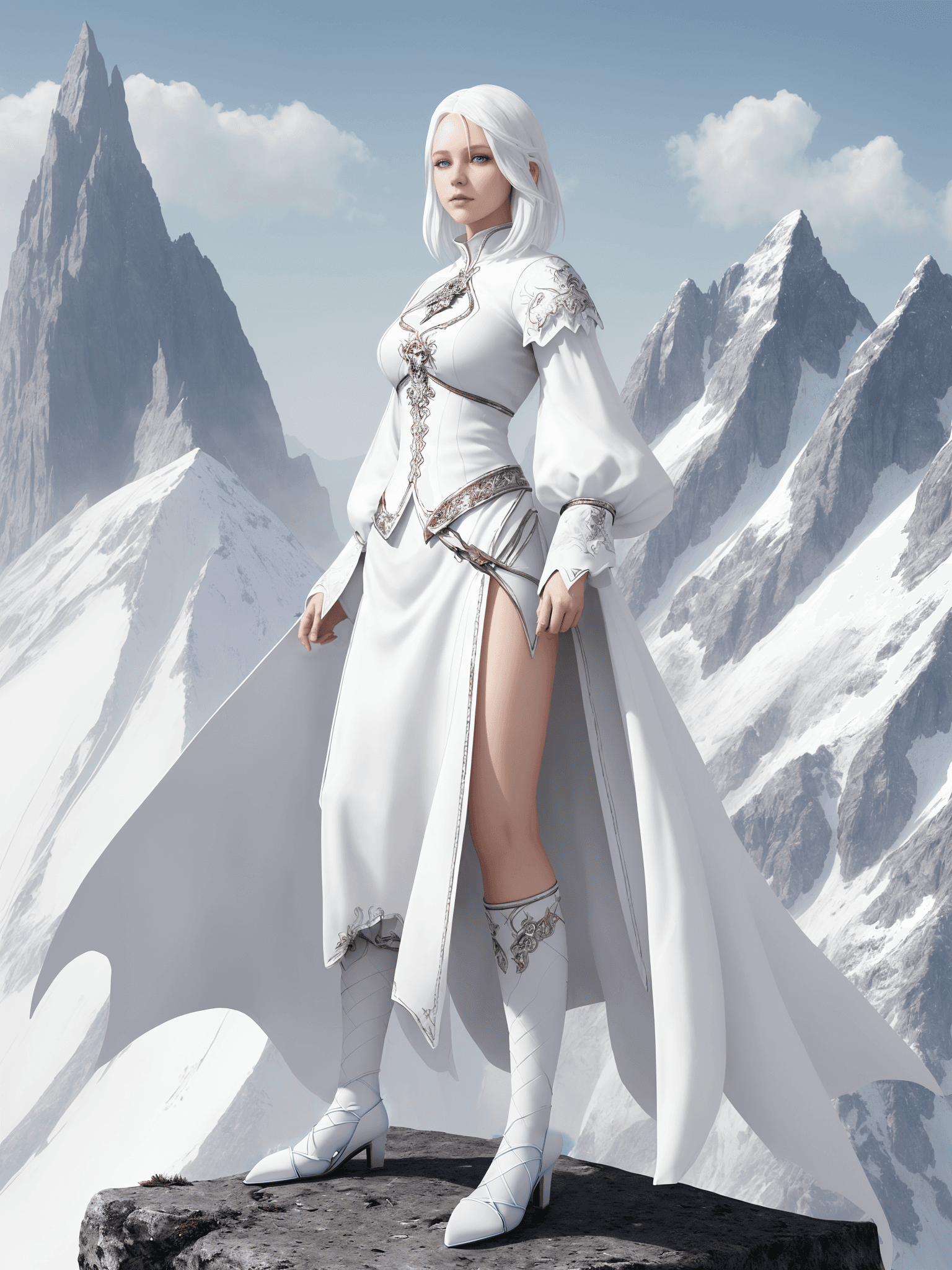 AI generated: fantasy, 1girl, realistic face, white hair, white clothes, blue eyes, full body, mountain background