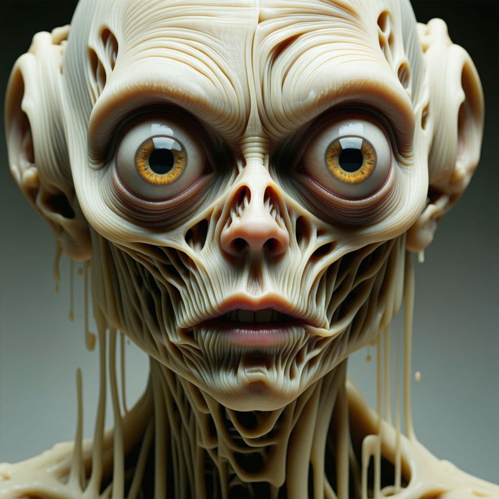AI generated: unsettling barely-human thing looks directly into camera, hyper realistic