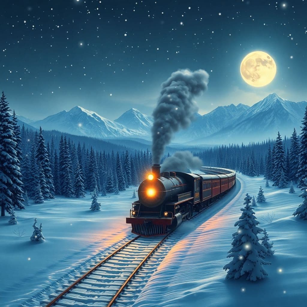 AI generated: An epic winter landscape at night, with a magical steam train speeding through a vast snowy wilderne...