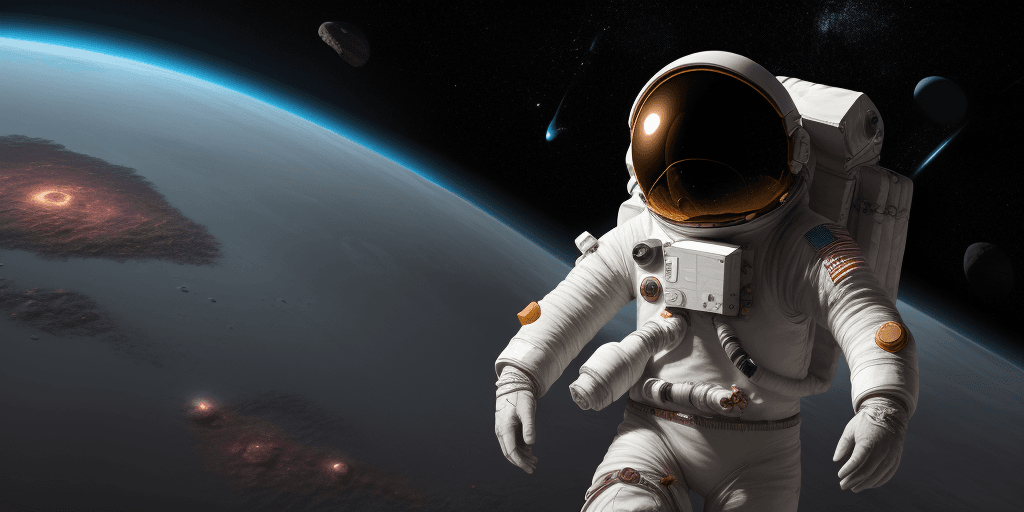 AI generated: An adventurous human character wearing an advanced space exploration suit, exploring uncharted plane...