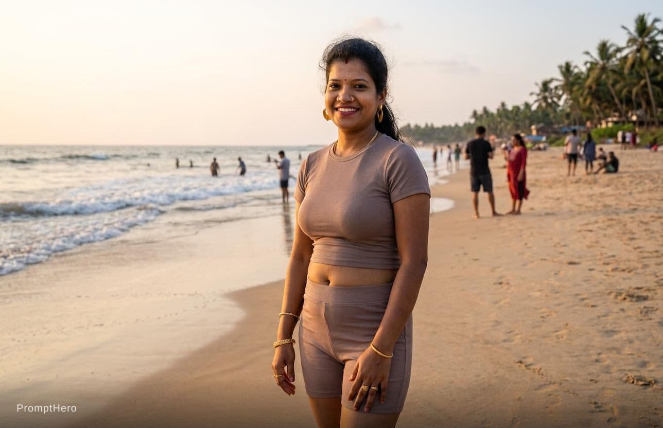 AI generated: show this girl in navel hole with panty in beach