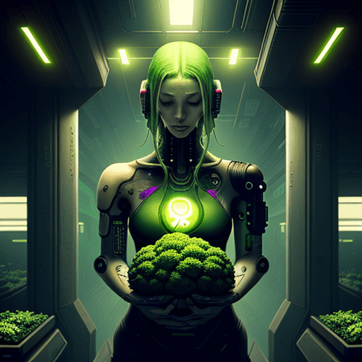 AI generated: vegan and vegetarian art, cyberpunk, mindfulness, peacefulness, health, calm, vegetables, greens