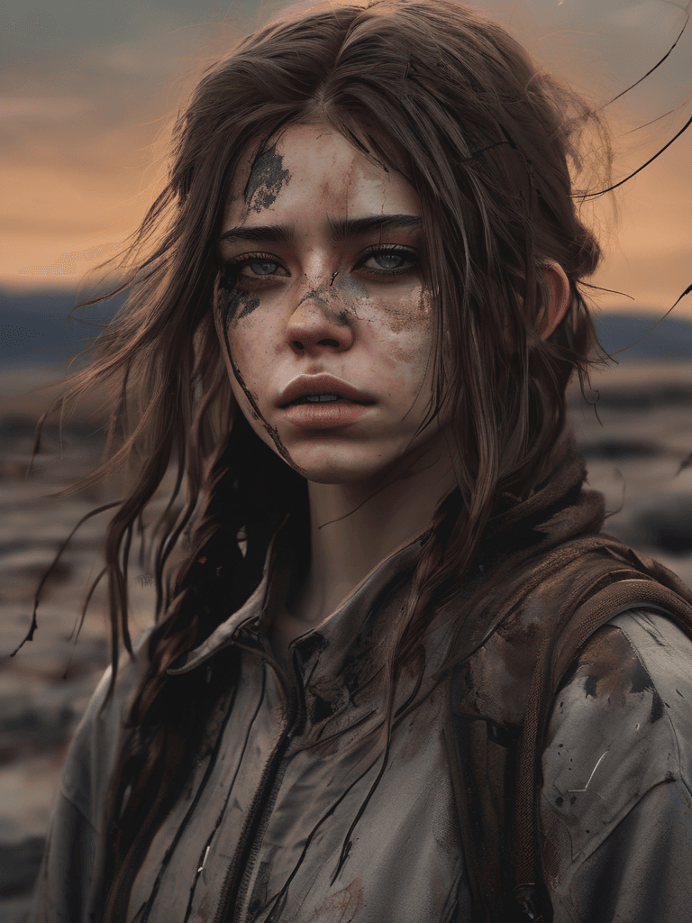 AI generated: medium close up of a disfigured 17yo girl, a lost soul in a desolate wasteland, long brown hair, mut...