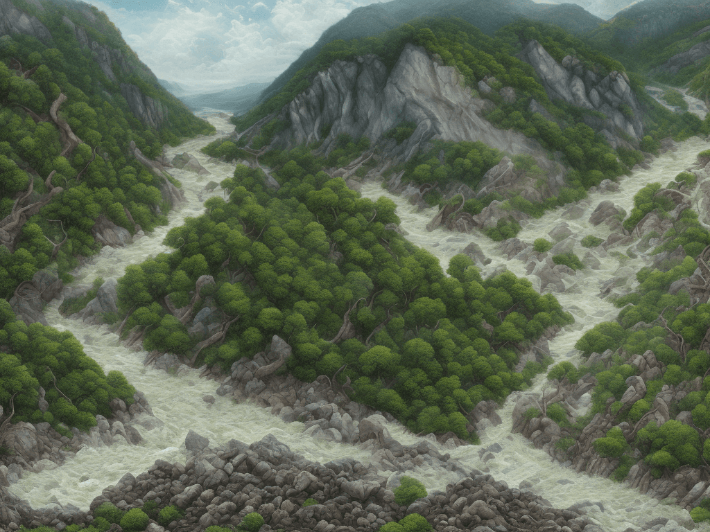 AI generated: storm, typhon, rock fill river, litter, rianing, rapid river water, Earth and rocks slide down the h...