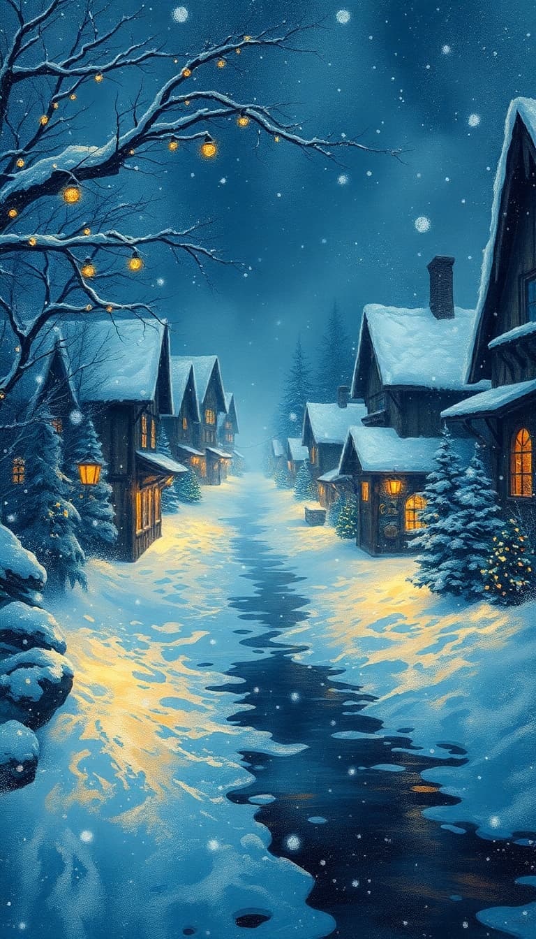 AI generated: Village naive style, snow, winter, Christmas lights, mist, as a sumi-e art by Paul Lehr :: Lee Bogle...