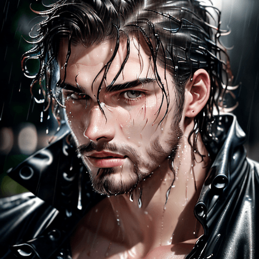 AI generated: a man, wet hair, splashes of raining water with facial hair, intricate details, male model portrait ...
