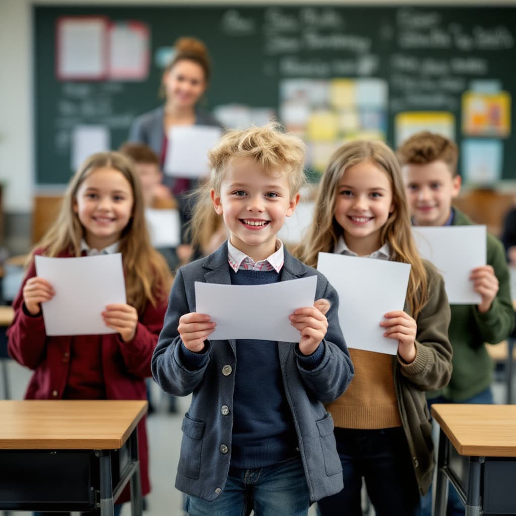 AI generated: School kids in class holding their report cards, happy, with the teacher in the background, good qua...