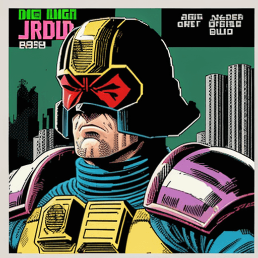 AI generated: A portrait Avatar of Judge Dredd as an 8-bit Vintage Retro Pixelated Style Game, Mega-City One in ba...