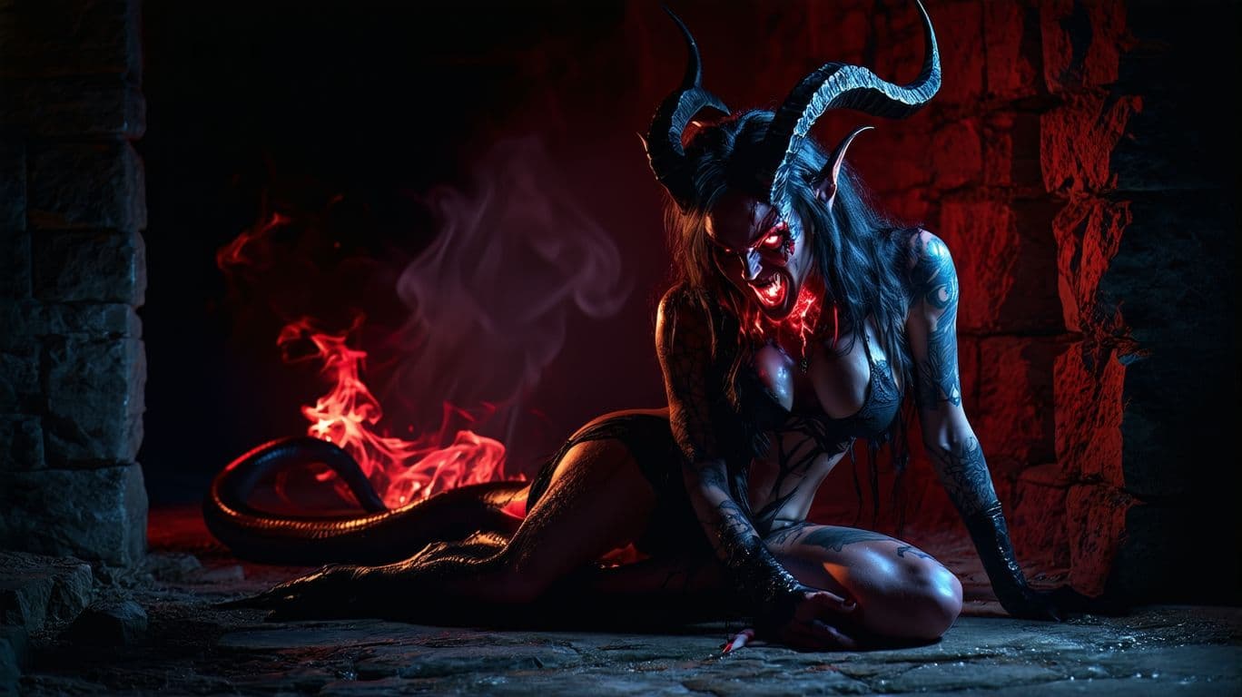 AI generated: A dominant Athletic female demon (Succubus), red skin, Black latex bikini, glowing red eyes, black s...