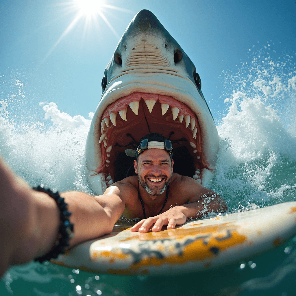 AI generated: Through the lens of the phone’s POV, a tourist snaps a selfie as he lies on a wet surfboard, fearles...