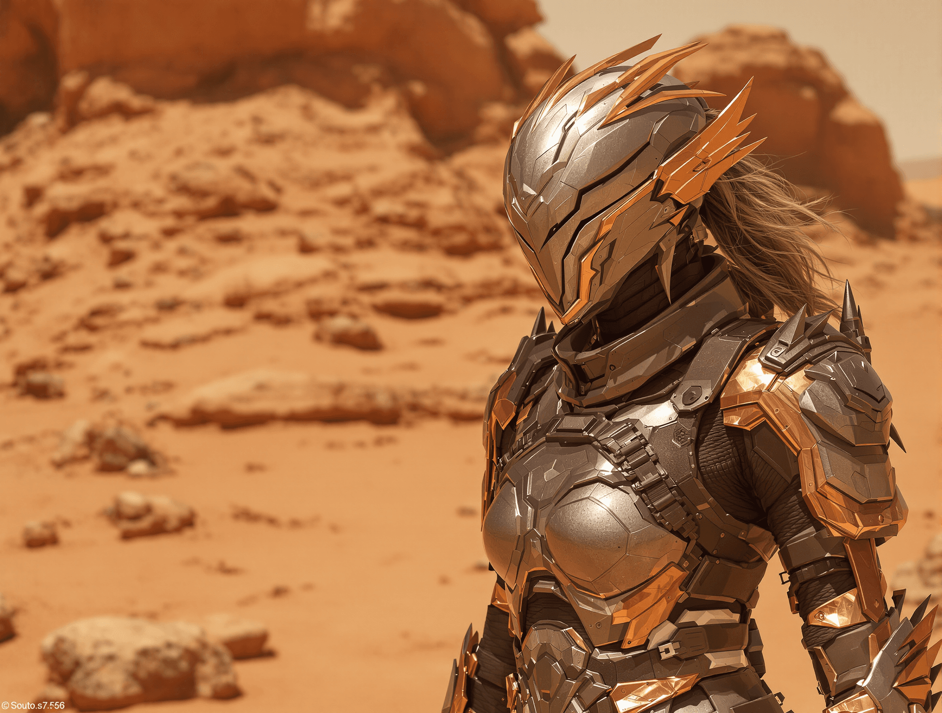AI generated: female in futuristic armor in a desert on Mars-like planet, in the style of dark silver and dark bro...