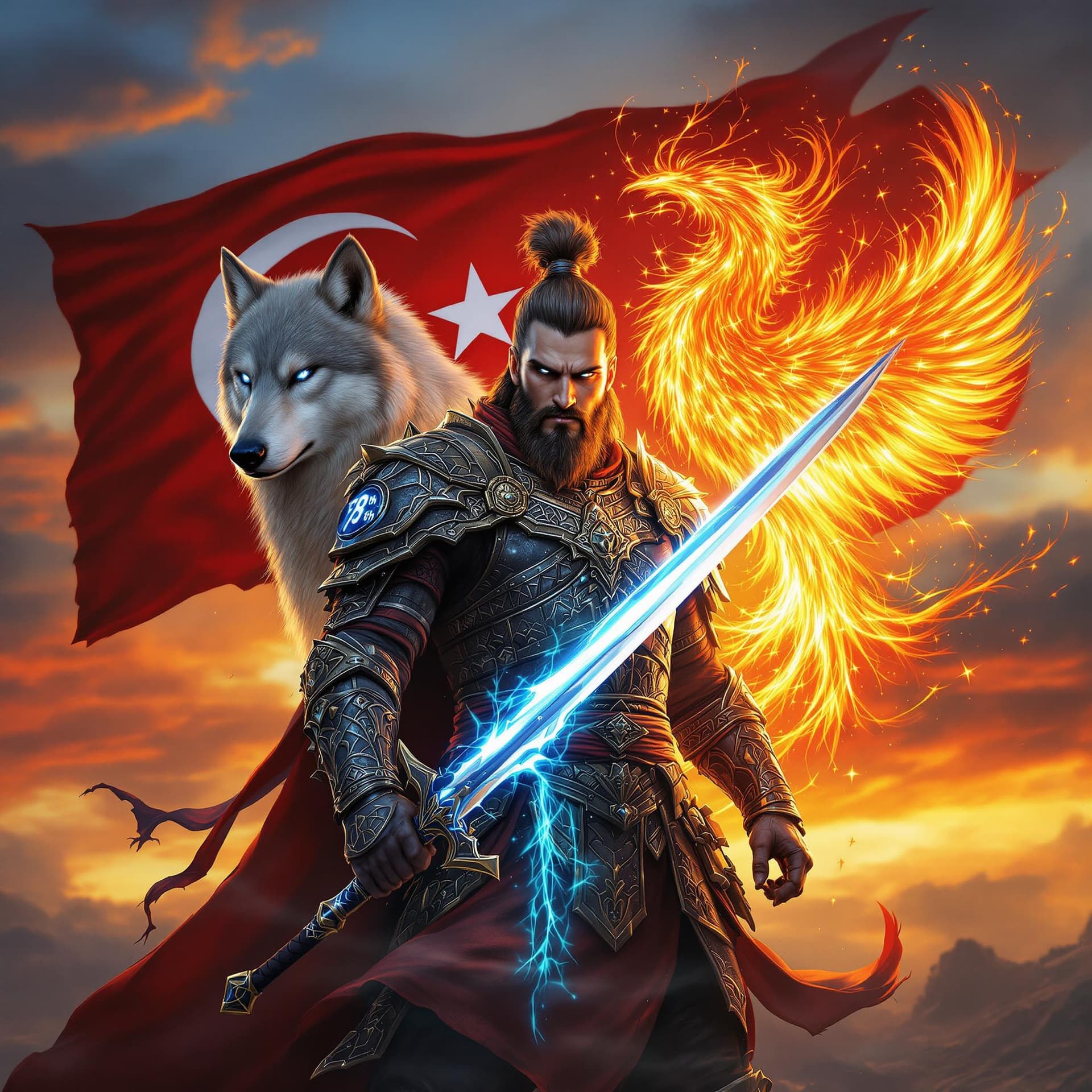 AI generated: A fierce warrior clad in traditional armor inspired by ancient Turkish mythology, holding a sword gl...