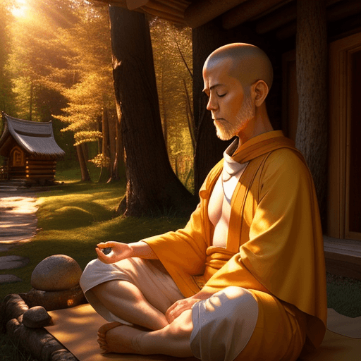 AI generated: a close up shot of monk meditating under tree with a unique and ancient retreat cabin in background,...