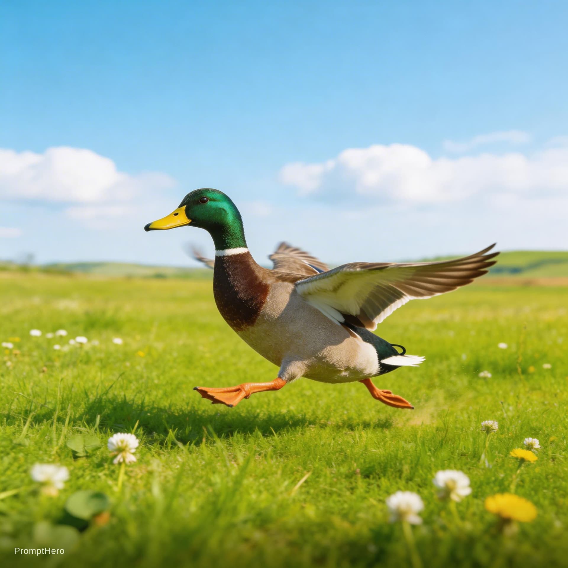 AI generated: A duck running in the field 